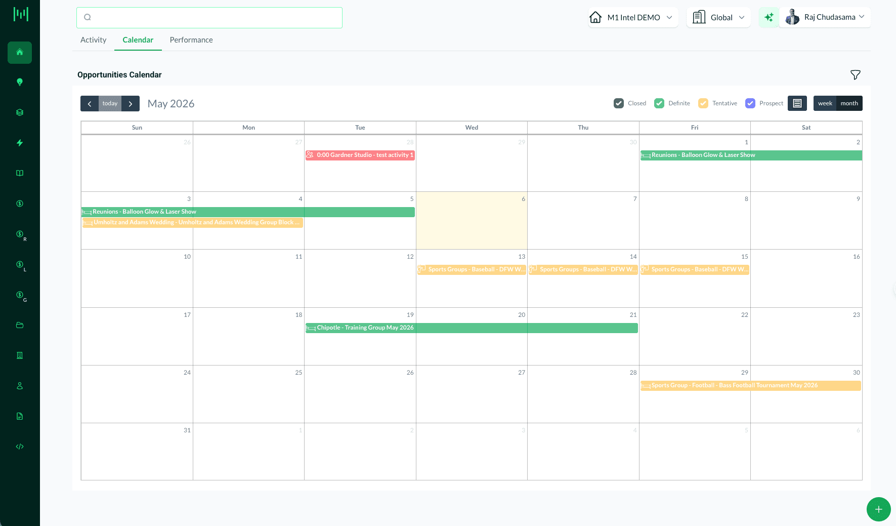 Matrix opportunities calendar — May 2026 with color-coded bookings